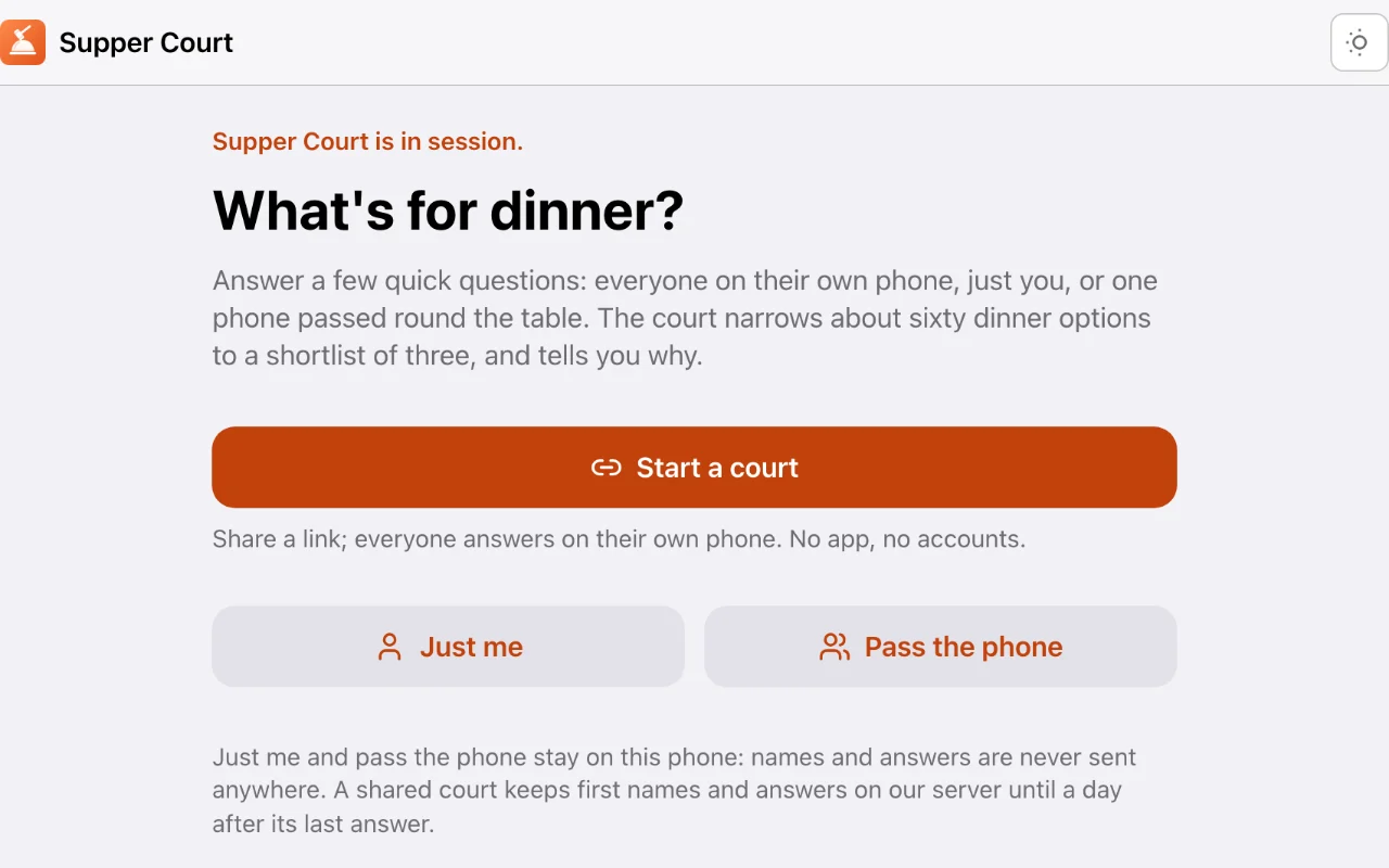 Supper Court asking what's for dinner, with Start a court, Just me and Pass the phone